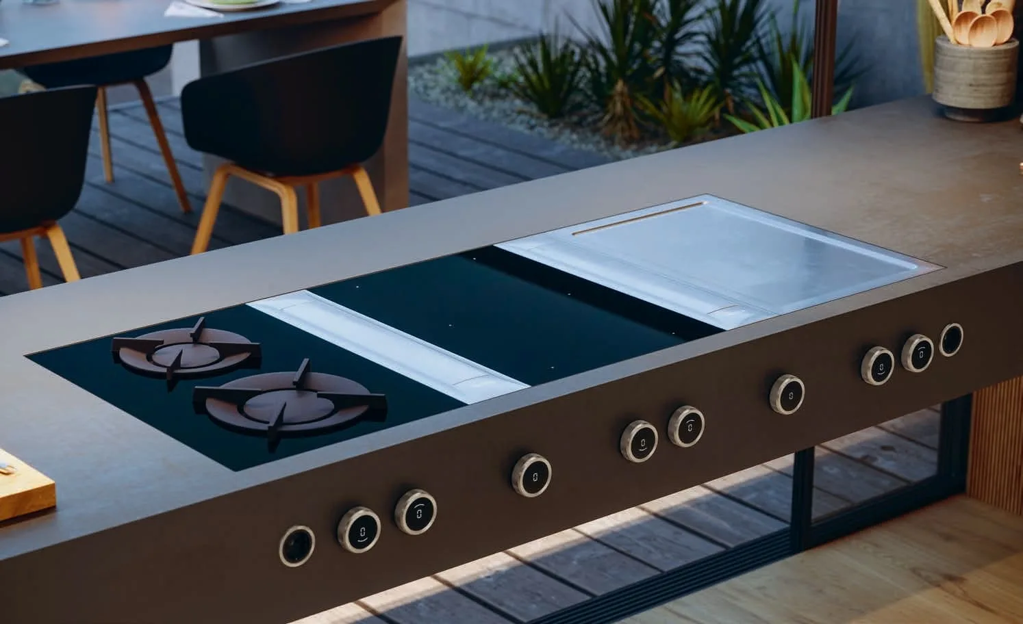 10 (1) BORA Professional 3.0 sistem sa više modula – kuvanje i tepan roštilj u kombinaciji sa elegantnim kontrolnim dugmadima na prednjoj ivici radne ploče.