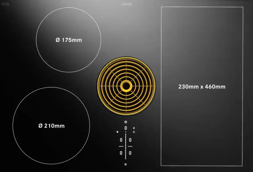 11 BORA M Pure ploča sa žutim ventilacionim otvorom i označenim dimenzijama zona za kuvanje, tehnički prikaz rasporeda površina.
