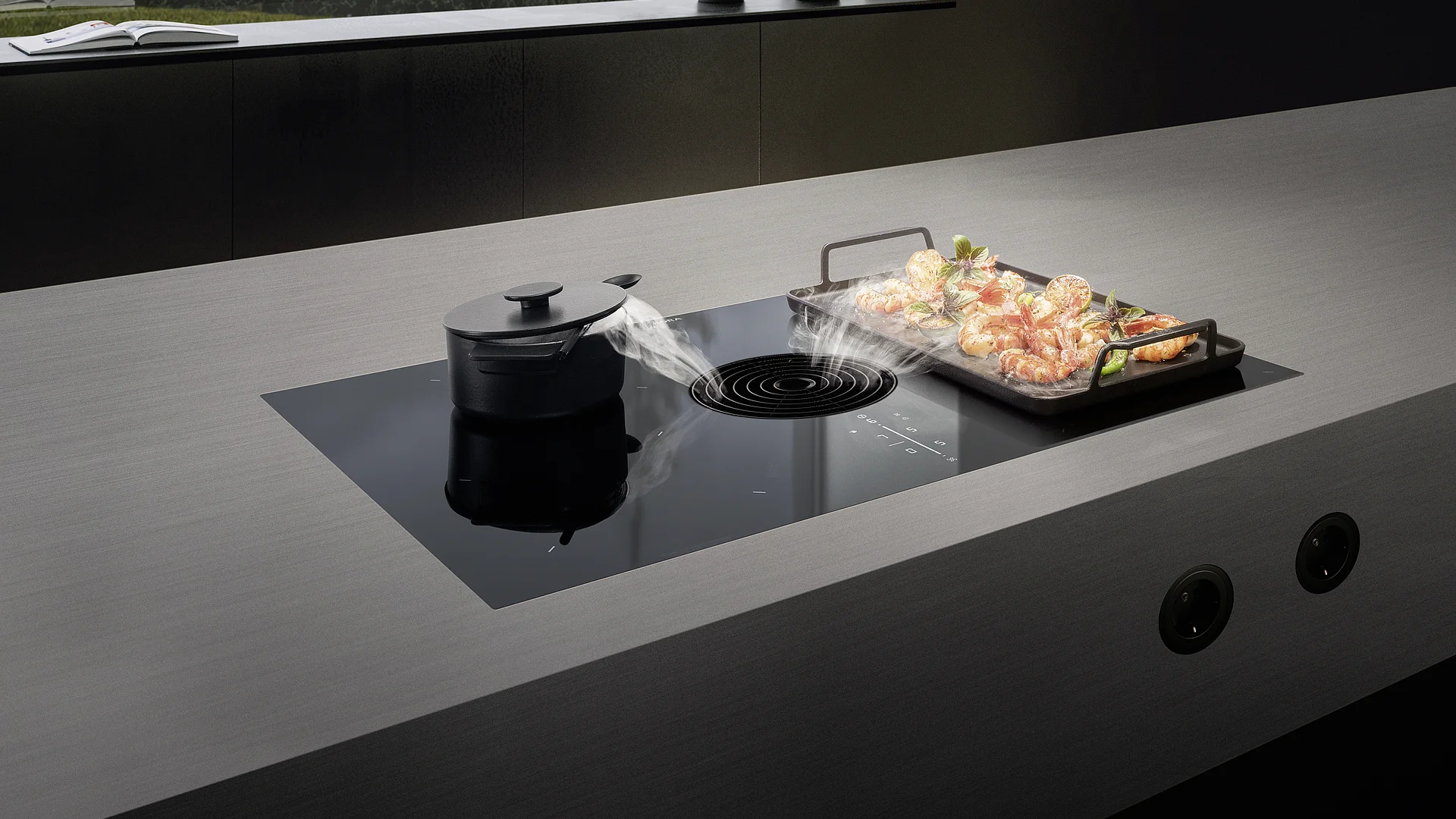 5 BORA M Pure indukciona ploča sa centralnim aspiratorom i više zona za kuvanje, ugrađena u kamenu radnu ploču.