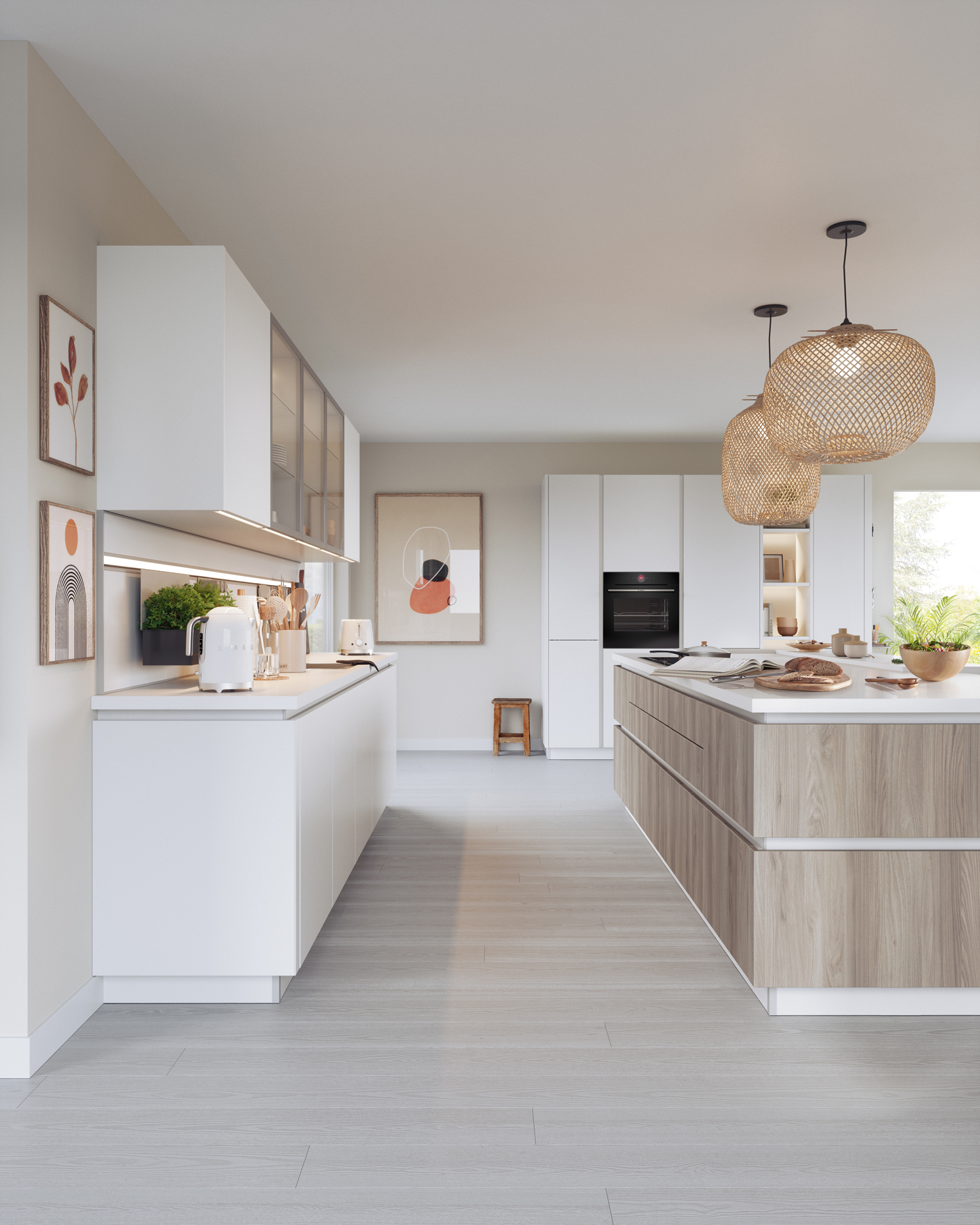 SMG-A092_MOE-K046_GS Bočni pogled na Schüller Smartglas matt kuhinju u beloj boji, sa vitrinama i "somotastim" mat frontovima od polimernog stakla.