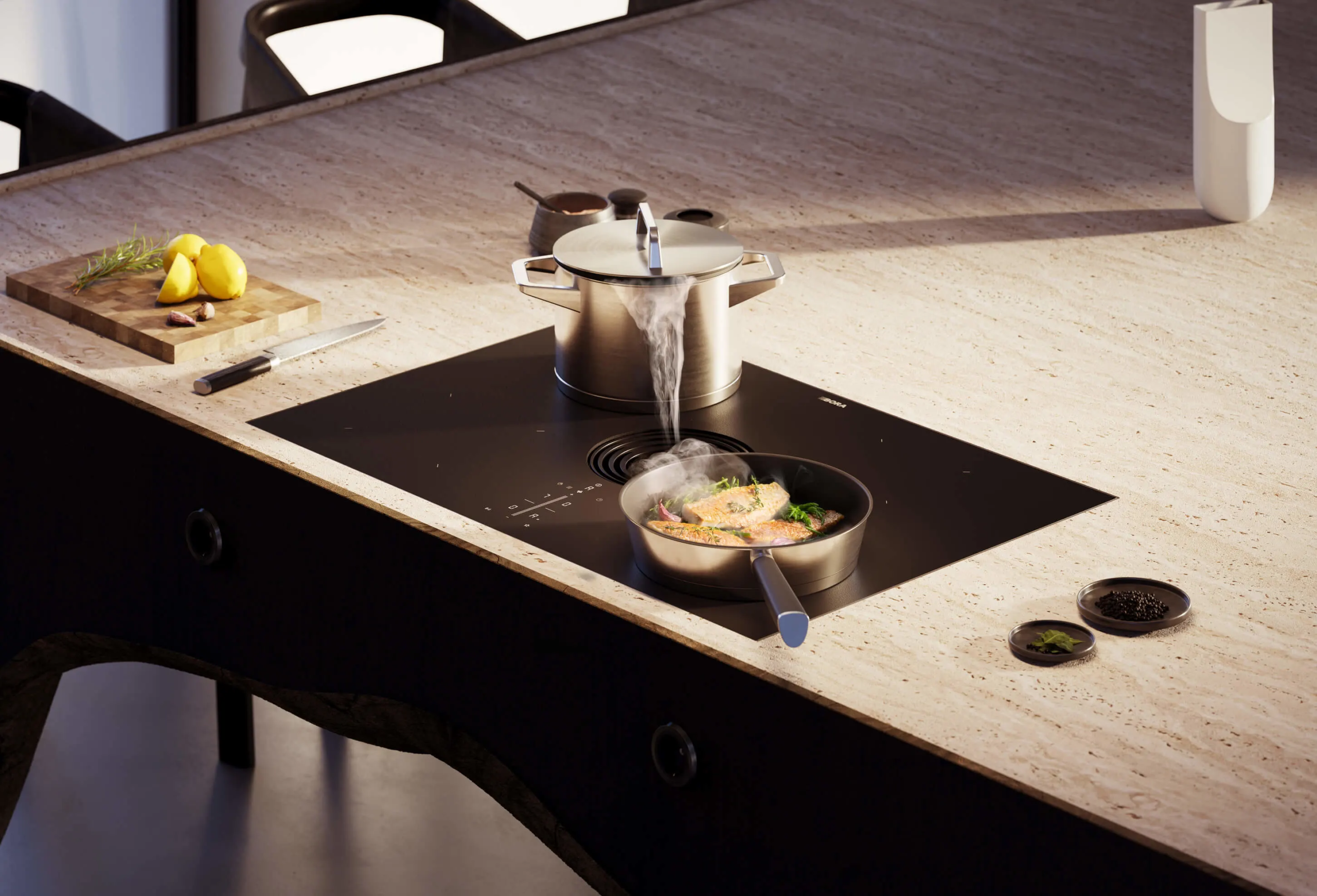 lgk5bgbmcldq0pacwtcg BORA Pure ploča sa centralnim aspiratorom koji efikasno usisava paru tokom celog procesa kuvanja.