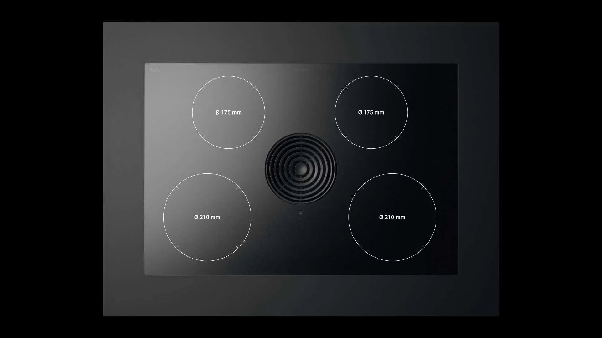 mbmkdm7j9zxr9kprytz1 Tehnički prikaz BORA Pure indukcione ploče sa četiri zone za kuvanje i centralnim aspiratorom.