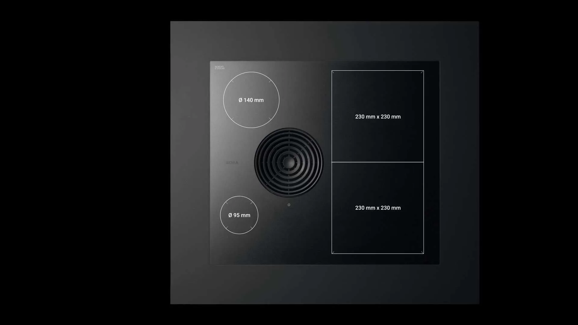 n9e79xvfe1nj7yalu9v4 Tehnički prikaz BORA S Pure ploče sa označenim dimenzijama i rasporedom zona za kuvanje i centralnim usisnim otvorom.